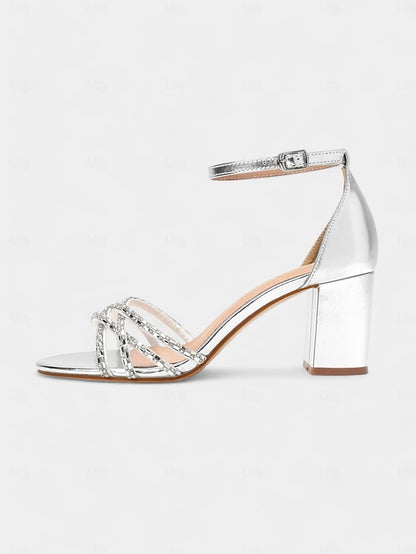 with Heel Sandals Silver Rhinestone Block Metallic Strappy