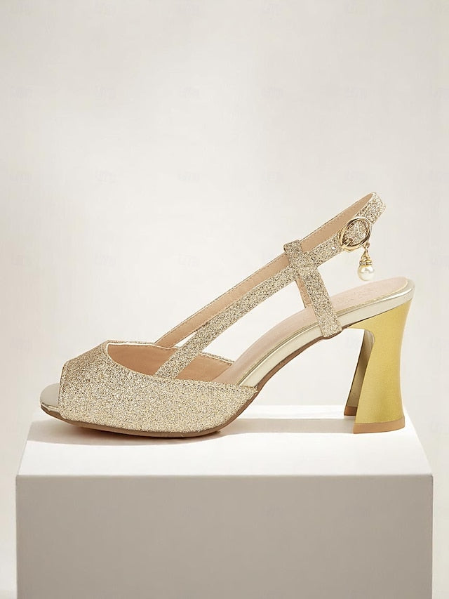 Slingback Gold - Sparkly Glitter Open-Toe Heels Women's