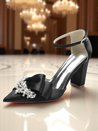 Bow Pumps with and Heel Satin Crystal Women's Block