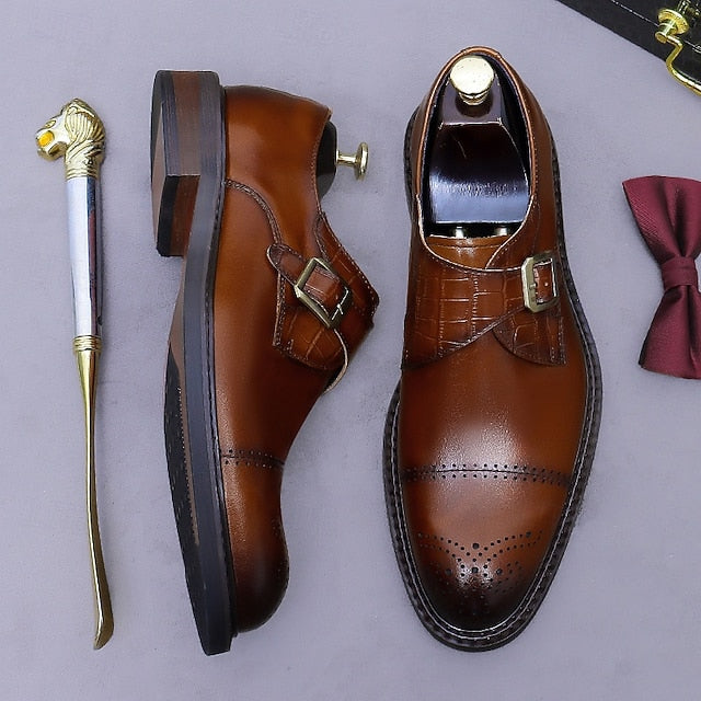 First Men's Genuine Strap Monk Black Leather Shoes-