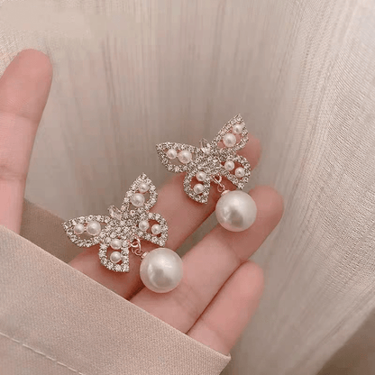 Crystal Pearl Butterfly Earrings