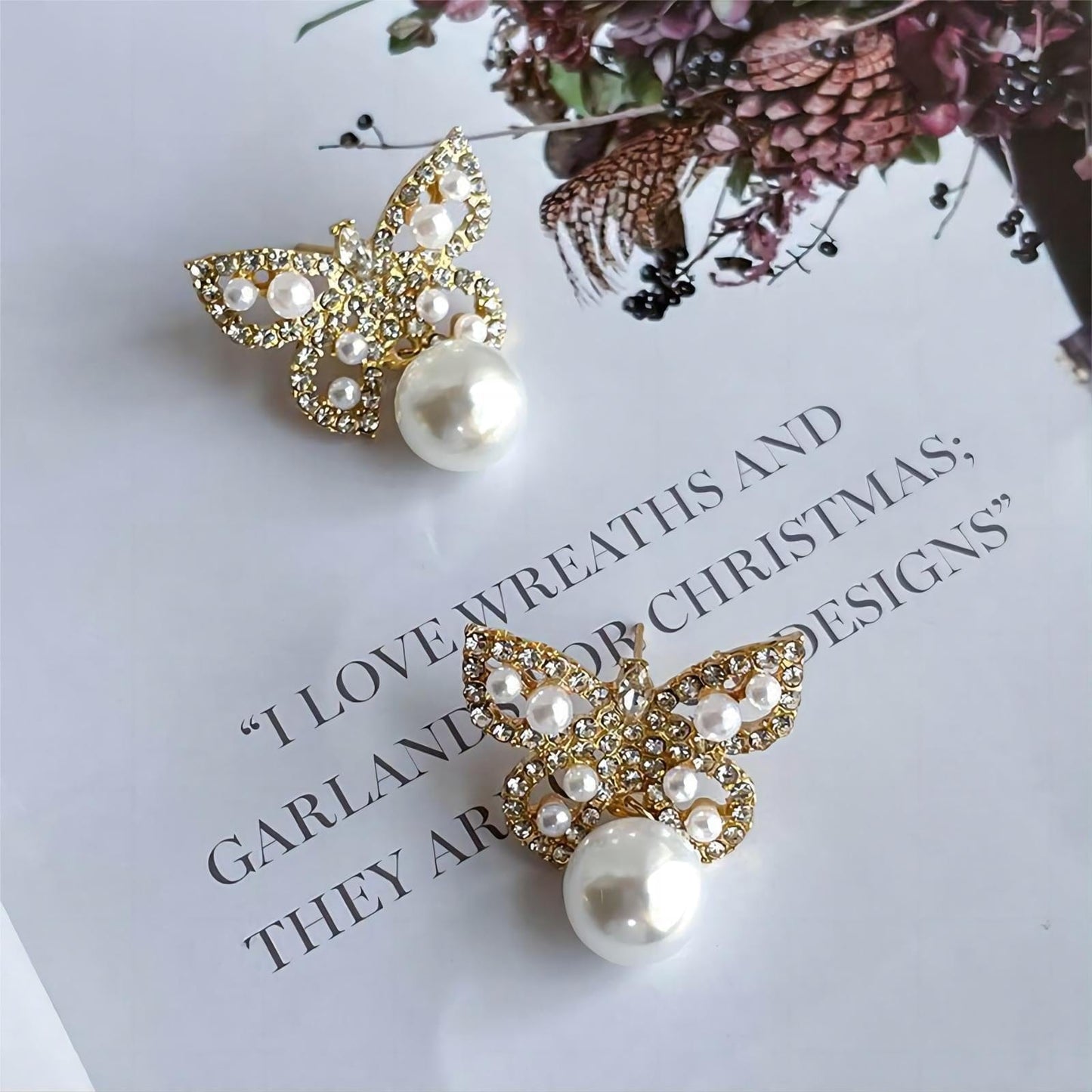 Crystal Pearl Butterfly Earrings