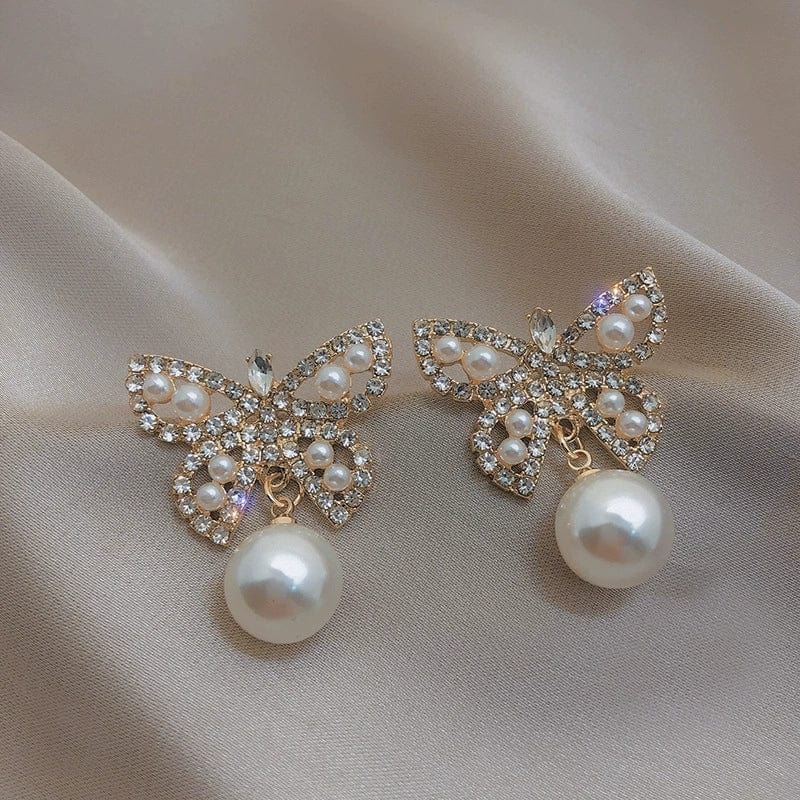 Crystal Pearl Butterfly Earrings