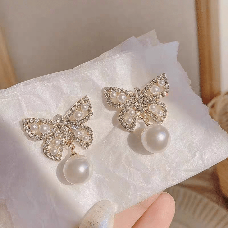 Crystal Pearl Butterfly Earrings