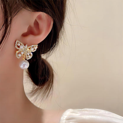 Crystal Pearl Butterfly Earrings