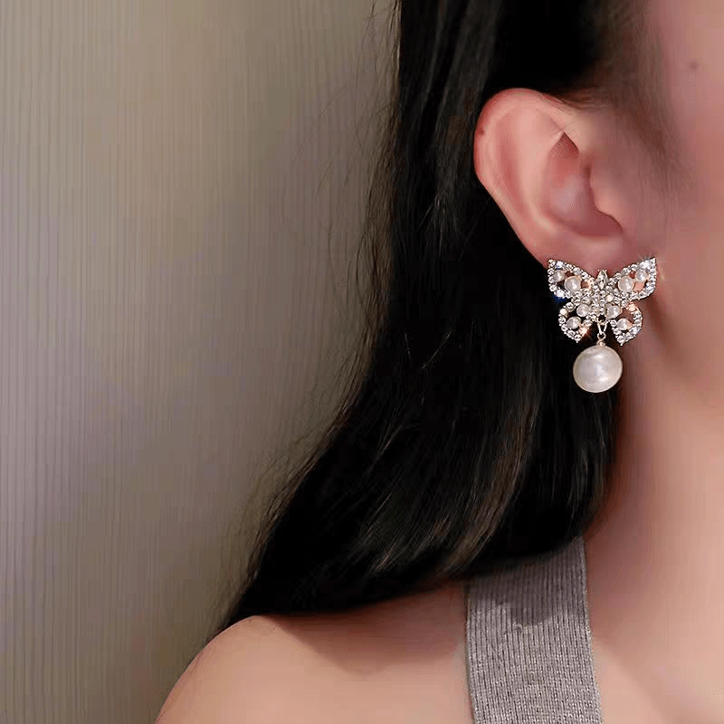 Crystal Pearl Butterfly Earrings