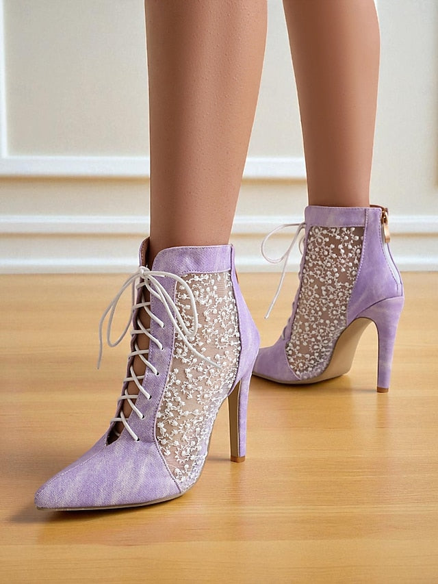 Stiletto Heels White Lace Mesh with Women's Ankle Booties