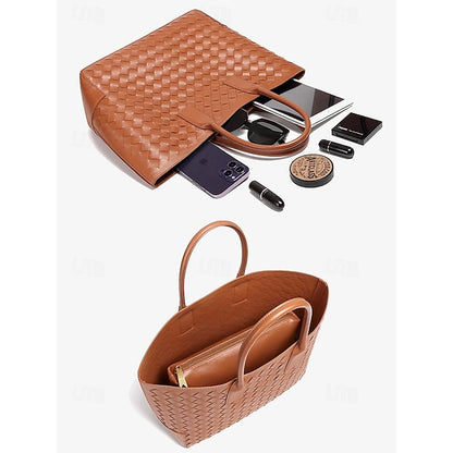 Woven Leather and – Brown Tote Women's Stylish Bag