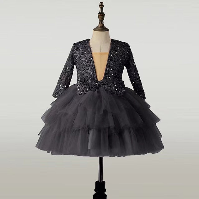 Sleeve Kids Sequin Dress Long Party Performance Girls'
