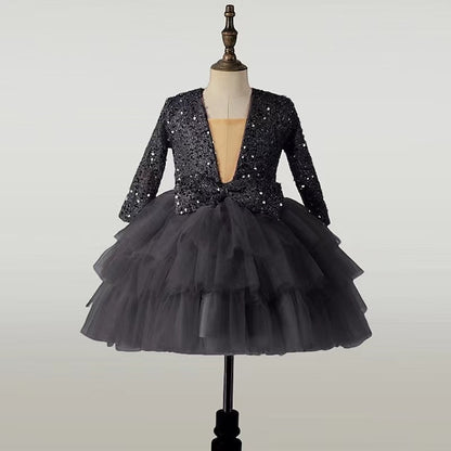 Sleeve Kids Sequin Dress Long Party Performance Girls'