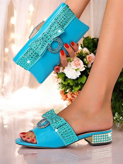 – Rhinestone with Matching Sandals Bow Clutch Flat Gold