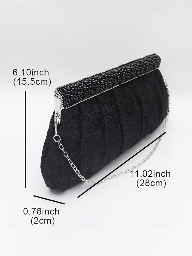 Black Elegant Beaded Clutch with Bag Women's Evening Lace