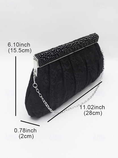 Black Elegant Beaded Clutch with Bag Women's Evening Lace