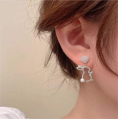 Dangling Pearl Heart Rabbit Earrings