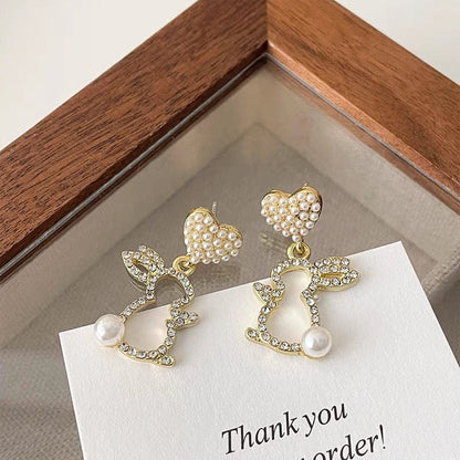 Dangling Pearl Heart Rabbit Earrings