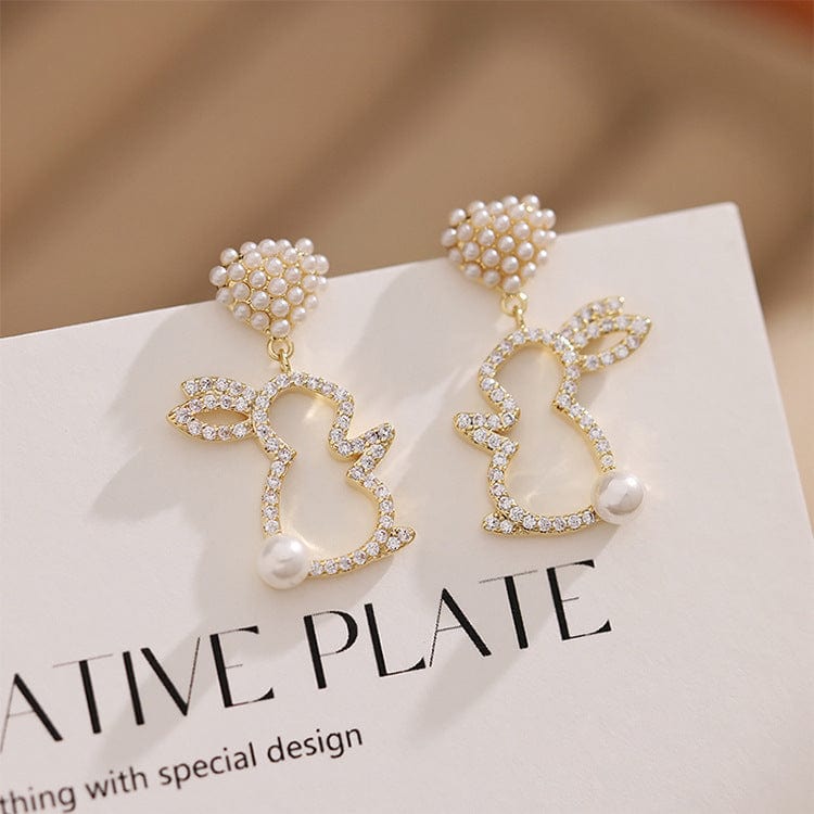 Dangling Pearl Heart Rabbit Earrings