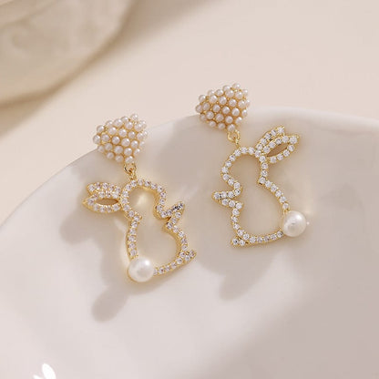 Dangling Pearl Heart Rabbit Earrings