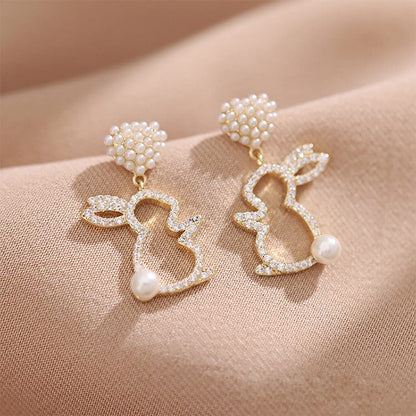 Dangling Pearl Heart Rabbit Earrings