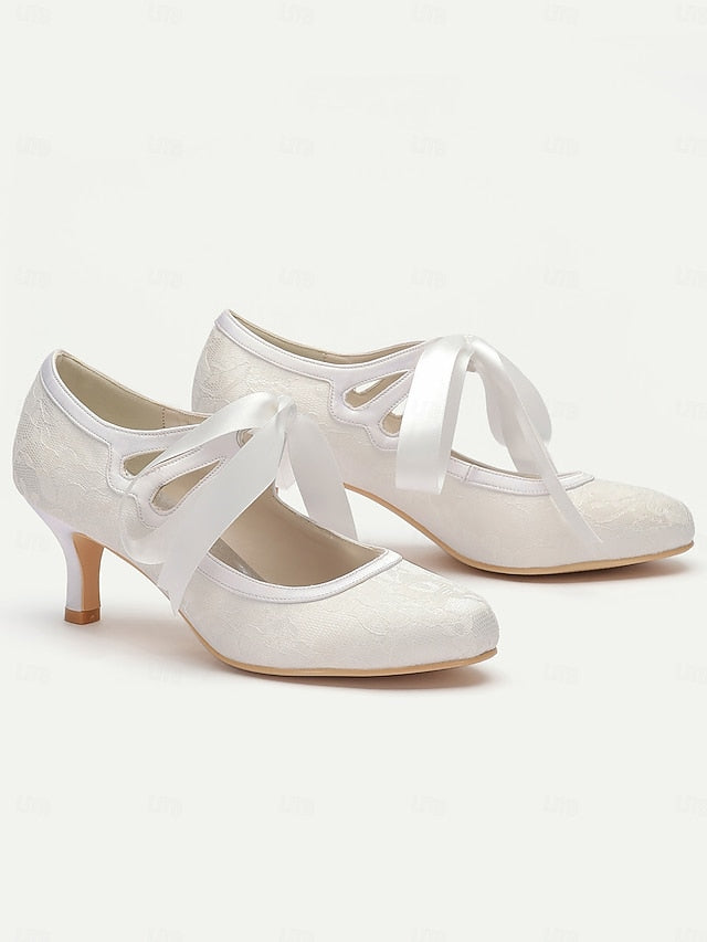 Ribbon Satin Pumps Lace with Elegant Bridal White - Vintage Ties