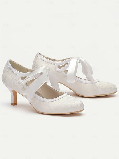 Ribbon Satin Pumps Lace with Elegant Bridal White - Vintage Ties