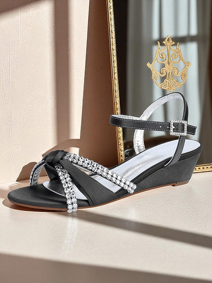 - Satin Green Rhinestone Wedge Sandals Knot Women's