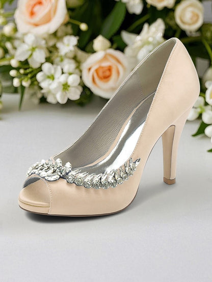 with – Peep-Toe Crystal Embellishment Heels Blue Satin Luxury