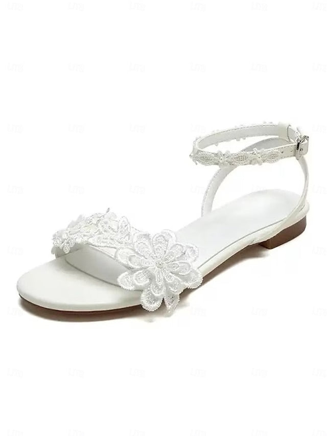 Floral Open-Toe Flats Sandals Block Ankle Lace Straps White with