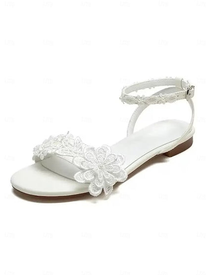 Floral Open-Toe Flats Sandals Block Ankle Lace Straps White with