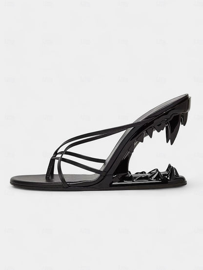 Gold Sandals Flat Metallic Unique Sculpted Heel with Design -