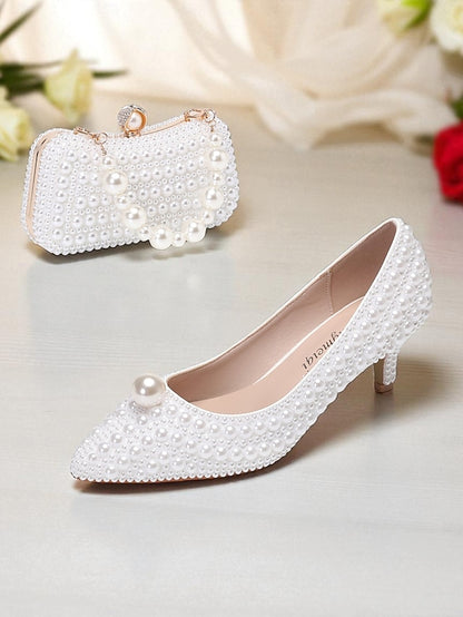 Pumps Heel Pearl-Embellished Matching Kitten and Women's