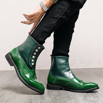 Button Wingtip Green Boots Stylish - Men's Leather Vintage
