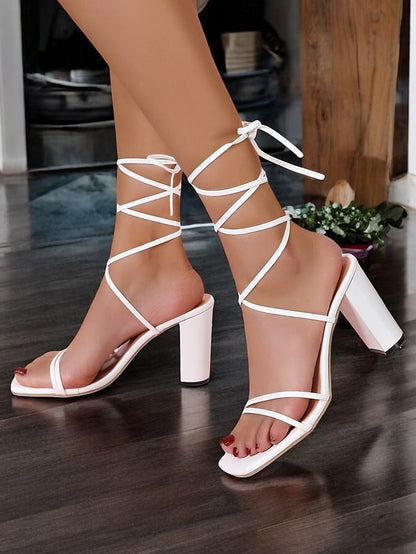 Women's Heel with Block White Clear Heels Lace-Up Strappy