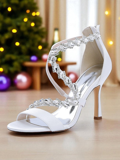 - Heel Strappy Sandals White Rhinestone Women's High