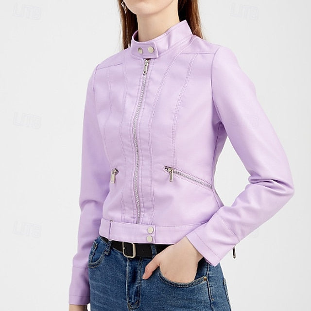 Women's Jacket Zipper Leather Faux Pocket Comfortable