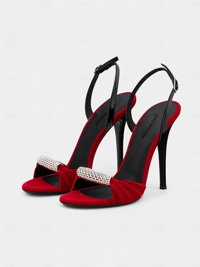 with – Stiletto Heels Bold Red Accent Velvet Rhinestone