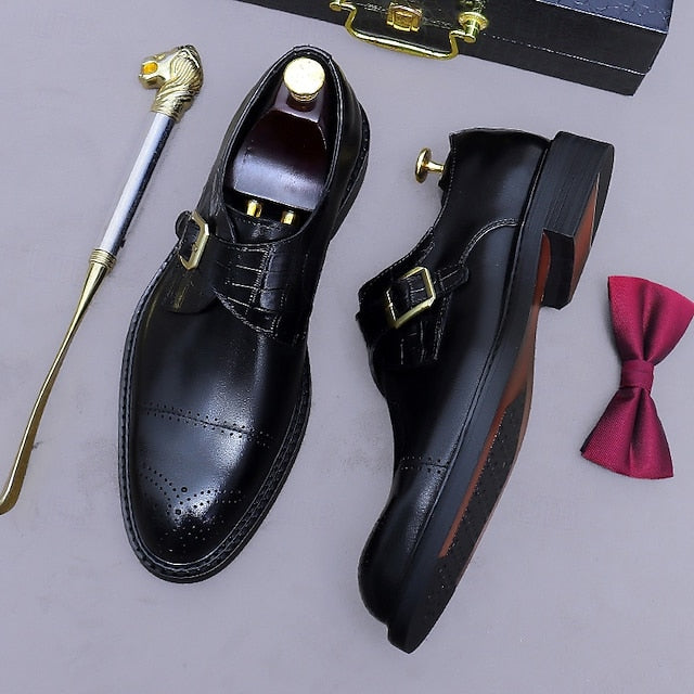 First Men's Genuine Strap Monk Black Leather Shoes-
