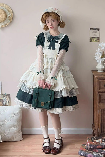Emerald Misty Path Bow-Embroidered Long-Sleeve Lolita Gown