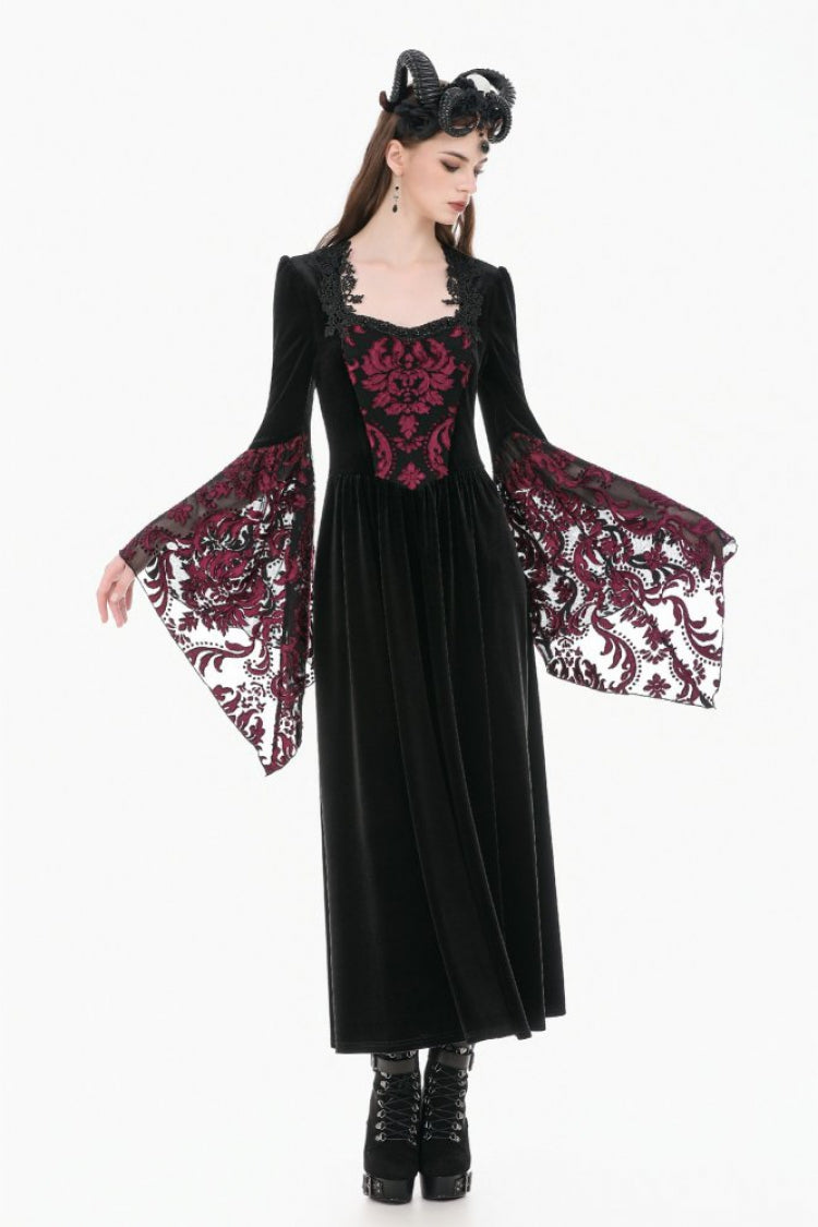 Crimson & Obsidian Square Collar Long Flare Puff Sleeves Lace Victorian Velvet Long Dress