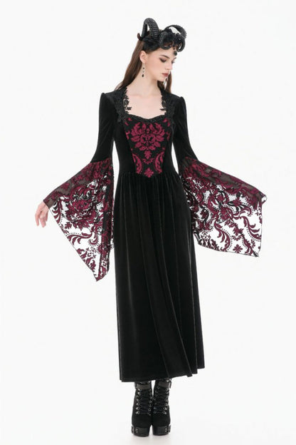 Crimson & Obsidian Square Collar Long Flare Puff Sleeves Lace Victorian Velvet Long Dress