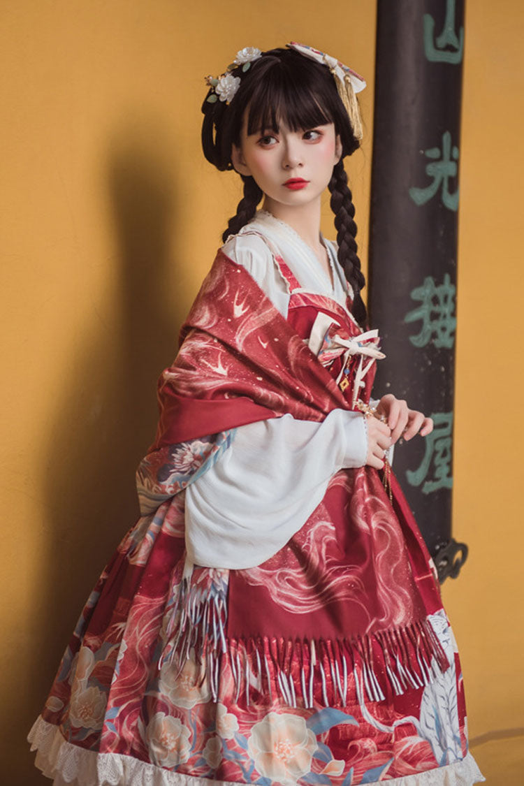 Chinese-Style High-Waisted JSK Dress with Tiger Print in Wine/White - EasternFusion