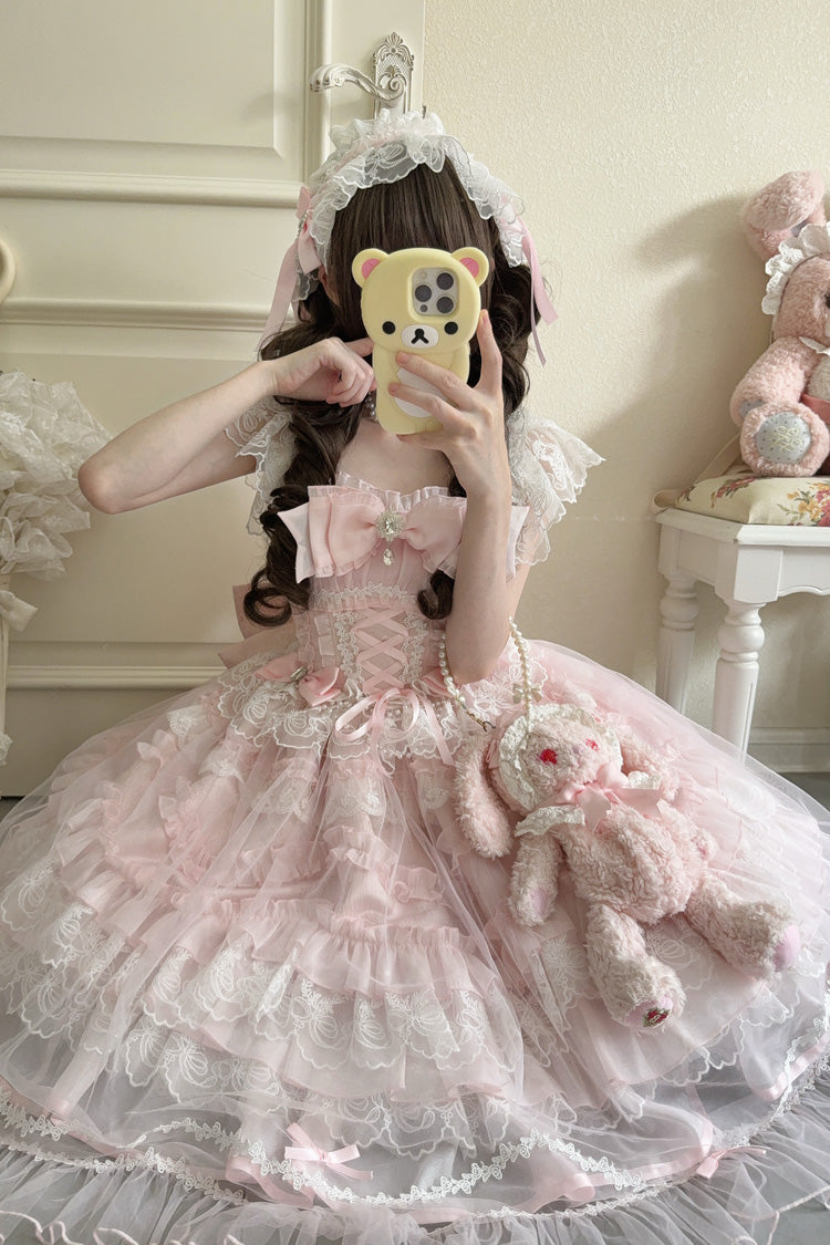 Blush Sleeveless Ruffled Lace-Up JSK with Bow