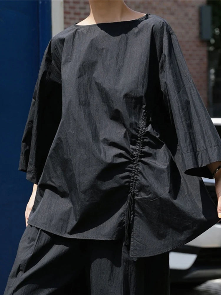 Casual Cotton Top Drawstring Sleeve Khaki Half Asymmetrical