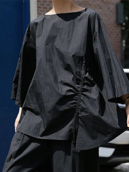 Casual Cotton Top Drawstring Sleeve Khaki Half Asymmetrical