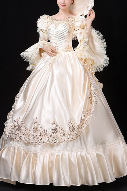 Ivory Court-Style High-Waist Floral Hime Sleeve Victorian Lolita Prom Dress