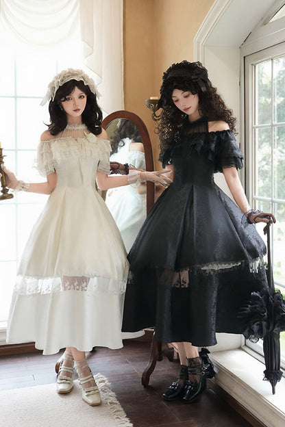 Elegant Lolita Dress with Off-Shoulder Neckline and Ruffle Print in Black