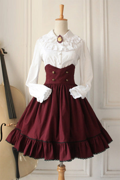 Gothic Lolita Skirt Dress with Fishbone Corset and High Waist in Wine - DarkAcademia