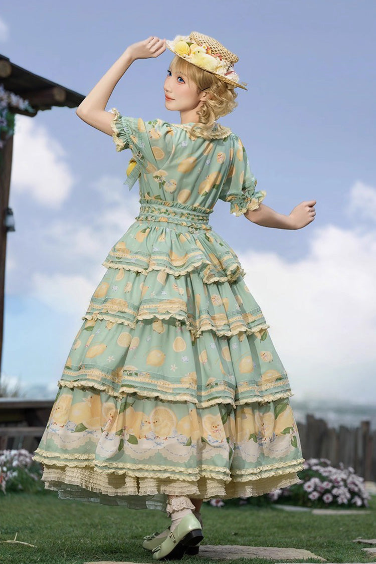 Emerald Lemon Chicken Triple-Layer Ruffle Bow Lace Gorgeous Dress
