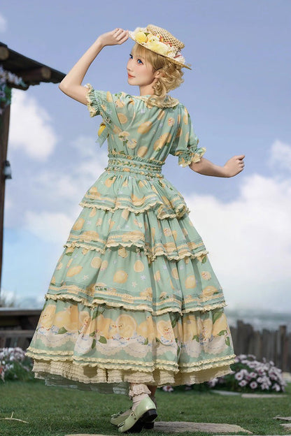 Emerald Lemon Chicken Triple-Layer Ruffle Bow Lace Gorgeous Dress