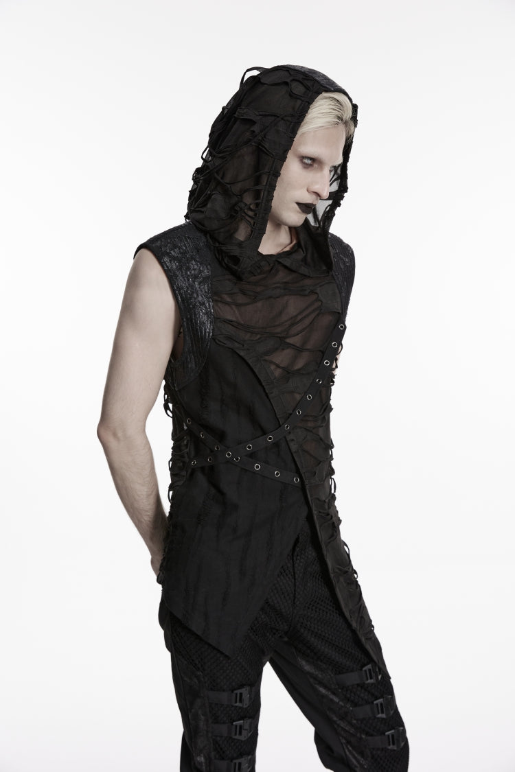 No-Sleeve Lace-Up Sheer Asymmetric Eyelet Punk Waistcoat