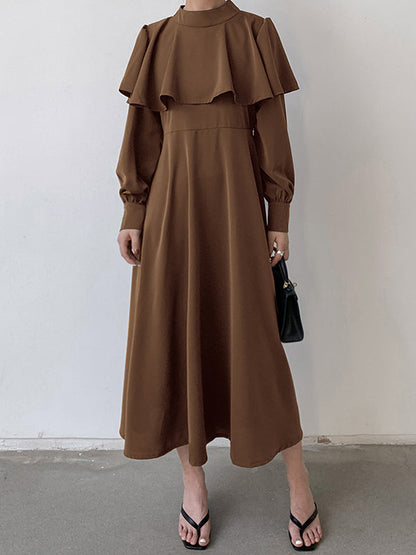 Ruffle Waist Long Mock Tied A-Line Elegant Trim Neck Coffee